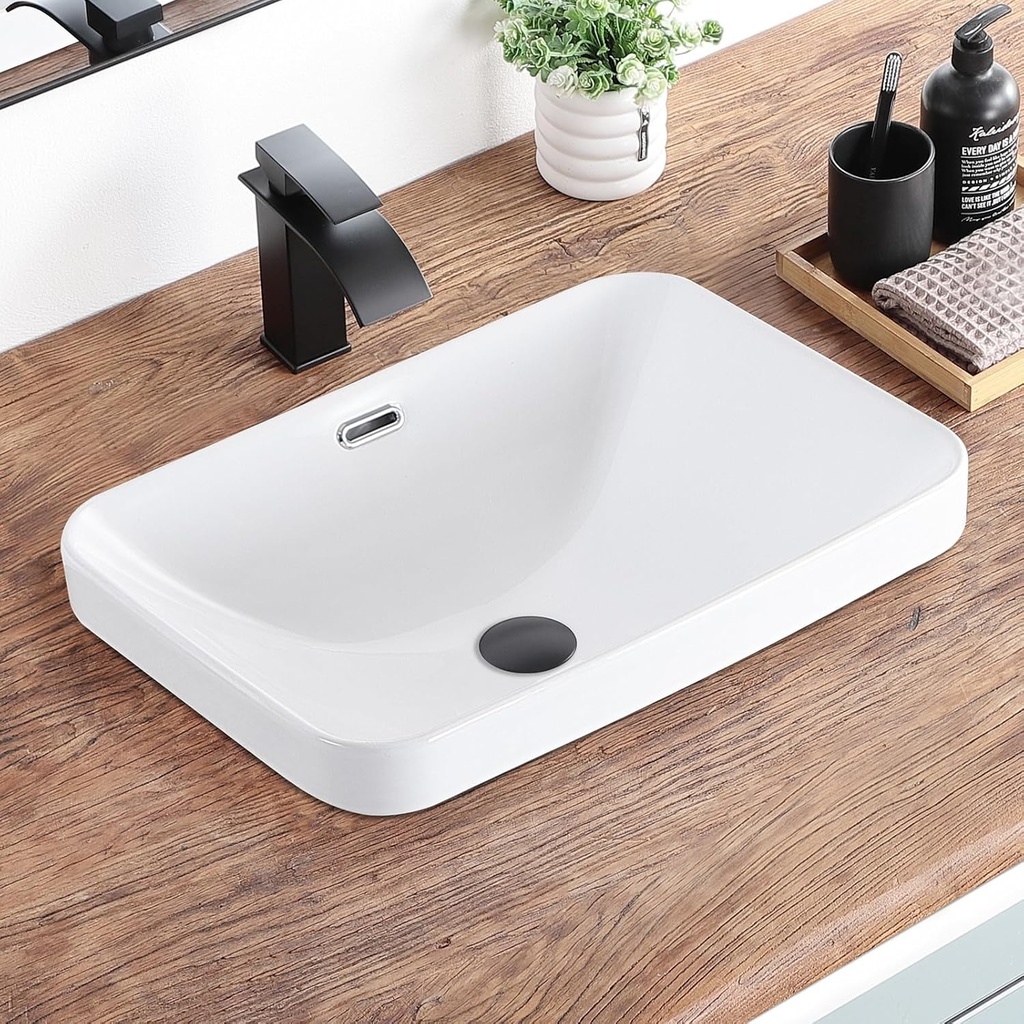 Bathroom Vessel Sink 20.6'' x 14.7'' Semi Recessed Bathroom Sink Rectangular Drop In Sink with Overflow White Ceramic Modern Vessel Sinks for Bathroom