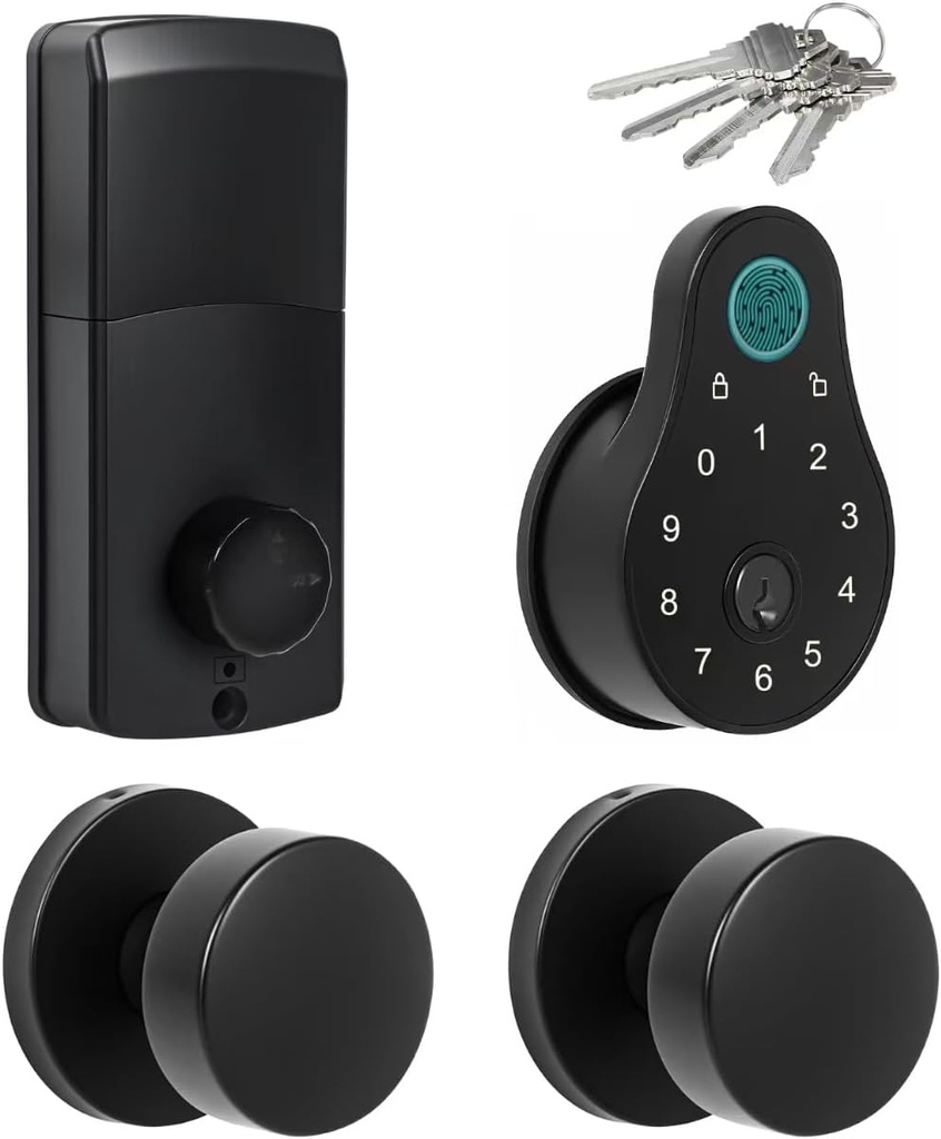 keyless Entry Door Lock deadbolt with Handle Set-Code,Key,Fingerprint deadbolt and Black Door knobs-Touchscreen Keypad Deadbolt Smart Locks for Front Door- Easy Install-Auto Lock