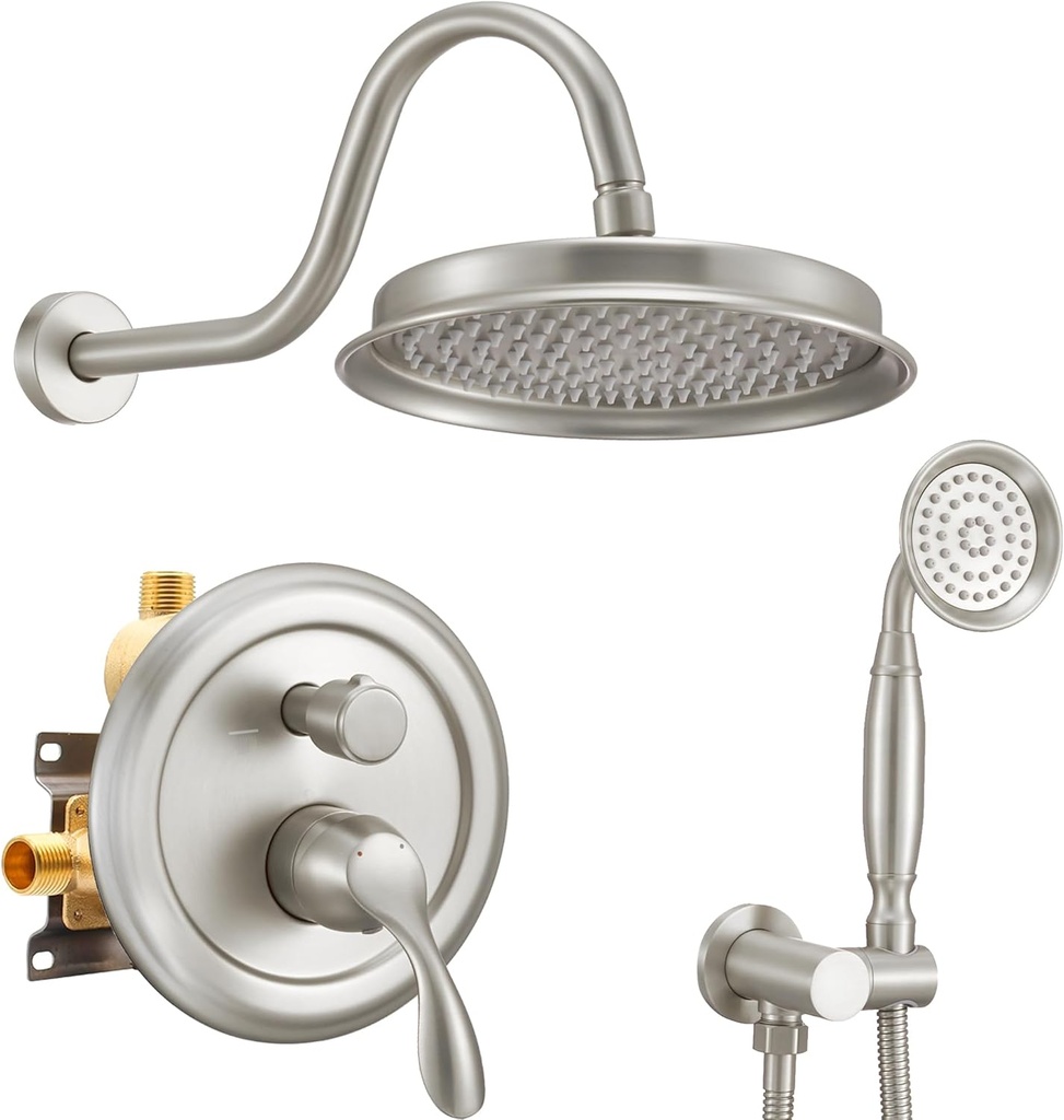 DASAN Brushed Nickel Rain Shower System Complete Antique Shower Faucet Sets, Shower Fixtures Combo Set with Pressure Balance Valve, Trim Kit, 9’’ Rainfall Overhead Shower & Handheld, AT209W-BN