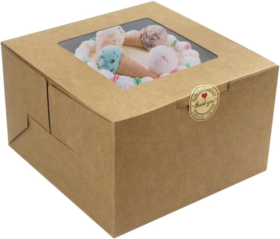 Salome Idea 25PCS Cake Boxes,8x8x5 Inches Brown Square Bakery Boxes with Window Cajas Pasteles for Cake,Pastries,Chocolates,Cookies,Pie,Birthday Party,Wedding,Valentine's Day(Brown)