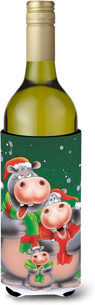 Caroline's Treasures AAH7195LITERK Hippo Family Caroling Wine Bottle Hugger Bottle Cooler Sleeve Hugger Machine Washable Collapsible Insulator Beverage Insulated Holder