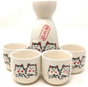 TJ Global 5-Piece Sake Set, Durable Ceramic Japanese Sake Set with 1 Carafe/Decanter/Tokkuri Bottle and 4 Ochoko cups for Hot or Cold Sake at Home or Restaurant - Cute Cat Design