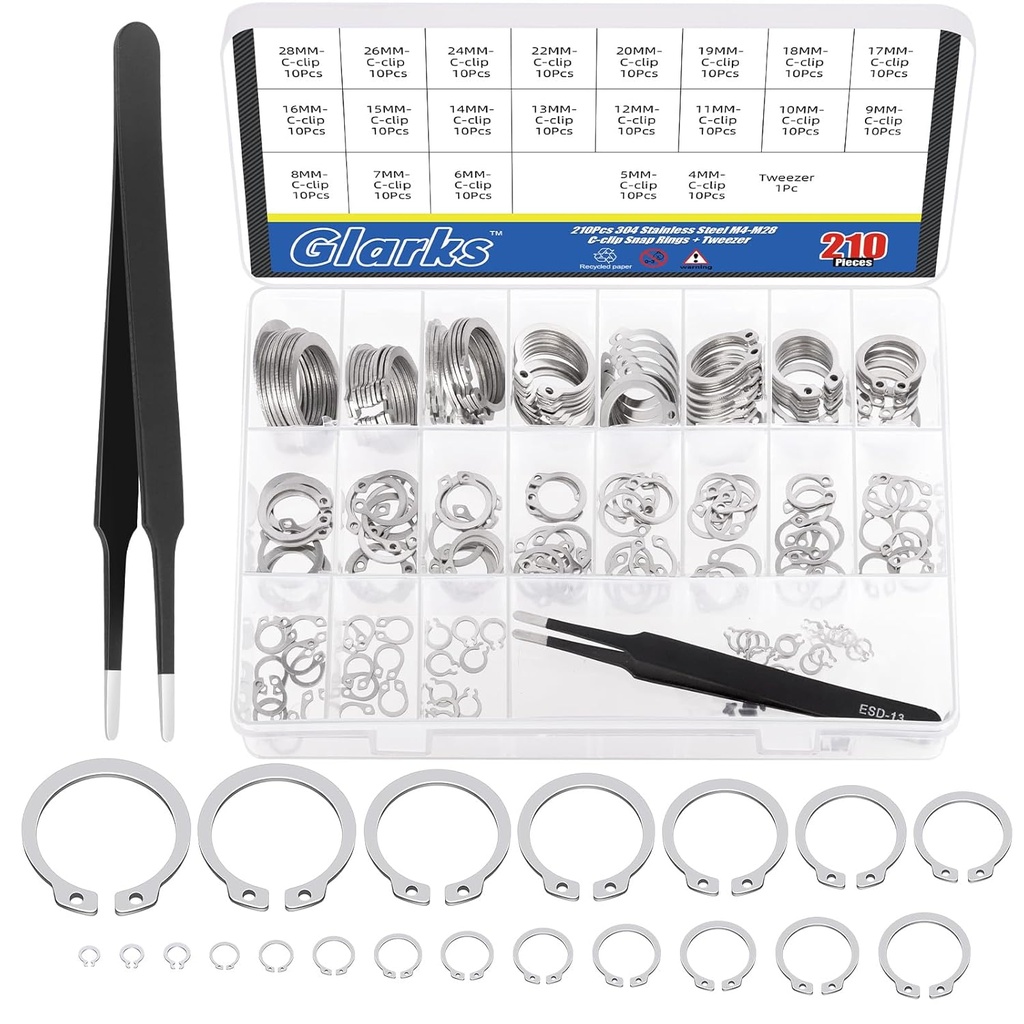 Glarks 211Pcs 21 Sizes C-Clip External Retaining Rings Assortment Set, 304 Stainless Steel 4MM-28MM Snap Ring Shop Assortment Circlip Retainer Rings with A Tweezer for Axles, Shafts and Moving Parts