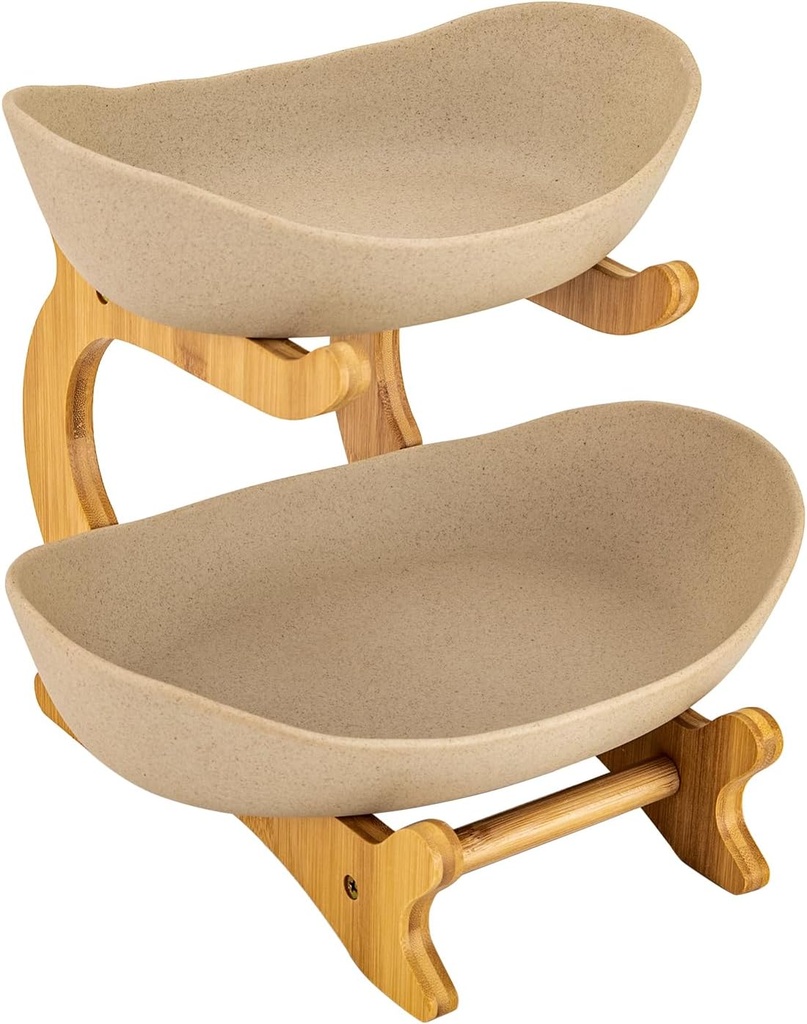 2 Tier Fruit Bowl Basket, Decorative 2 Tier Fruit Stand for Snack Dessert Vegetable, Porcelain Bowl Fruit with Bamboo Stand,Anti-slip Design, Ceramic Fruit Bowl for Kitchen Counter (Khaki)