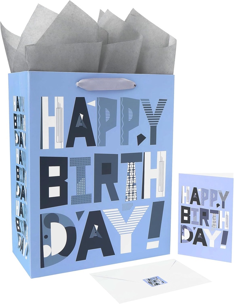 wishinside 13" Large Silvery Gift Bag Set with Greeting Card and Tissue Papers (Grey Happy Birthday) for Men's Birthday Party, Kids' Parties, Baby Shower, or Baby Boy - 10.2”x5.2”x13”, 1 Pcs