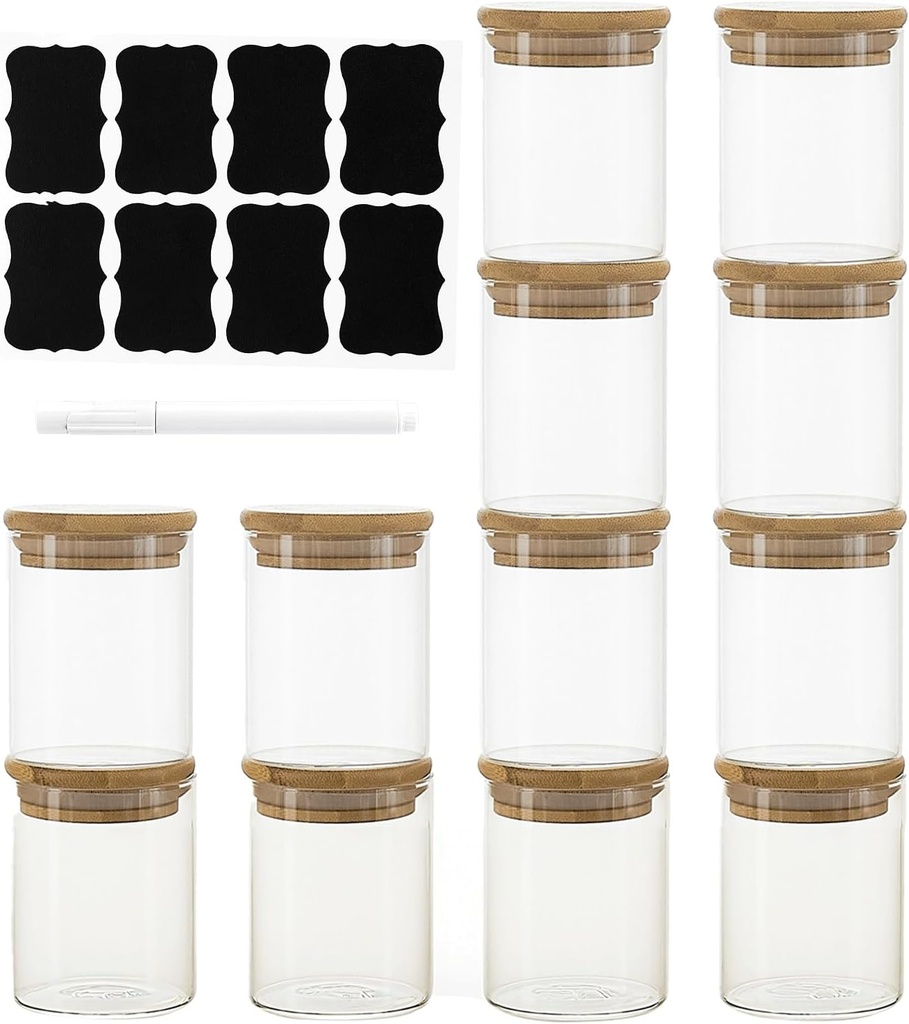 12 Packs Round Spice Jars with Label, 8oz Stackable Airtight Food Storage Containers, Practical Small Glass Jars to Go for Cookie, Coffee, Yogurt, Overnight Oats, Sugar, qtip, cotton balls and Candle