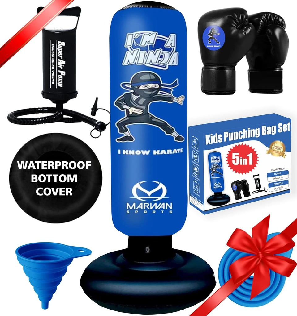 Marwan Sports 5-in-1 Inflatable Punching Bag for Kids – 63" Karate Toy Set with Boxing Gloves, Durable Fast Rebound, Active Play, Stress Relief Christmas/Birthday Gift for Boys & Girls Ages 4-12
