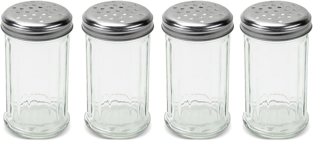1STNG 12 Oz Cheese Shaker with Stainless Steel Lid – Clear Glass Seasoning Shaker for Salt, Pepper, Sugar, and Spices – Large 360 ml Dispenser for Kitchen, Dining, or On-The-Go Use - Set of 4