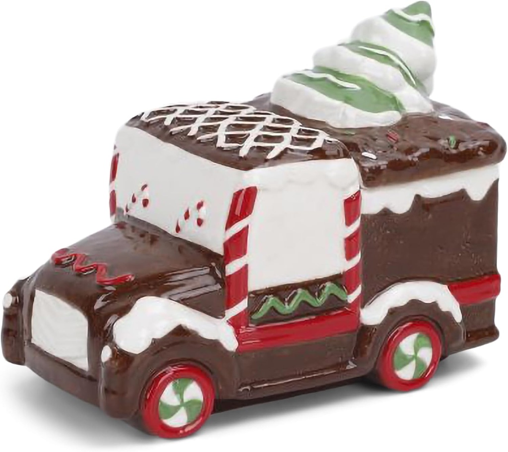 GCA International Inc. Christmas Holiday Functional Table and Kitchen Décor 8 Inch Ceramic Treat Cookie Jar, Brown, Red, and White, Candy Cake Truck