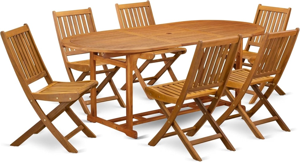 East West Furniture BSDK7CWNA 7 Piece Outdoor Patio Dining Sets Consist of an Oval Acacia Wood Table and 6 Folding Side Chairs, 36x79 Inch, Natural Oil