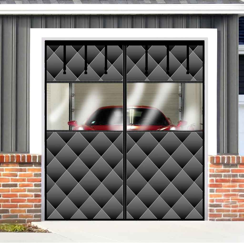 Magnetic Thermal Insulated Door Curtain with Visible Windows, Thicken Polyester Fiberfill & Durable Oxford Fabric, Hands Free Windproof Door Screen for 1 Car Garage Doors 8x7FT, Black
