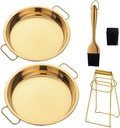 Stainless Steel 2pcs Steaming Tray Set, With plate tongs , oil brush tool，Folding handle，Chinese Liangpi Making Tools Set, For Cold Noodle，Steamed Rice，Steamer Pan Round Cake Fruit Tray (Gold)