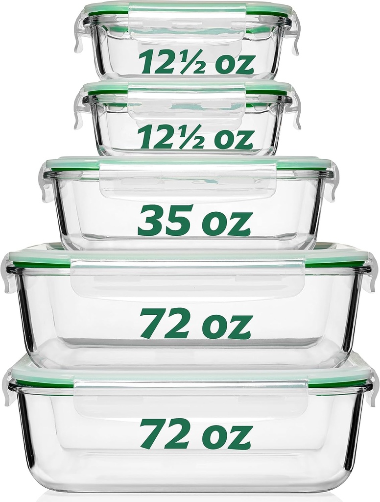 Fusion Gourmet Large Glass Food Storage Containers with Lids [5 Pack, 72 oz, 9 Cup], Airtight, Leakproof, Microwave and Oven Safe Borosilicate Glass