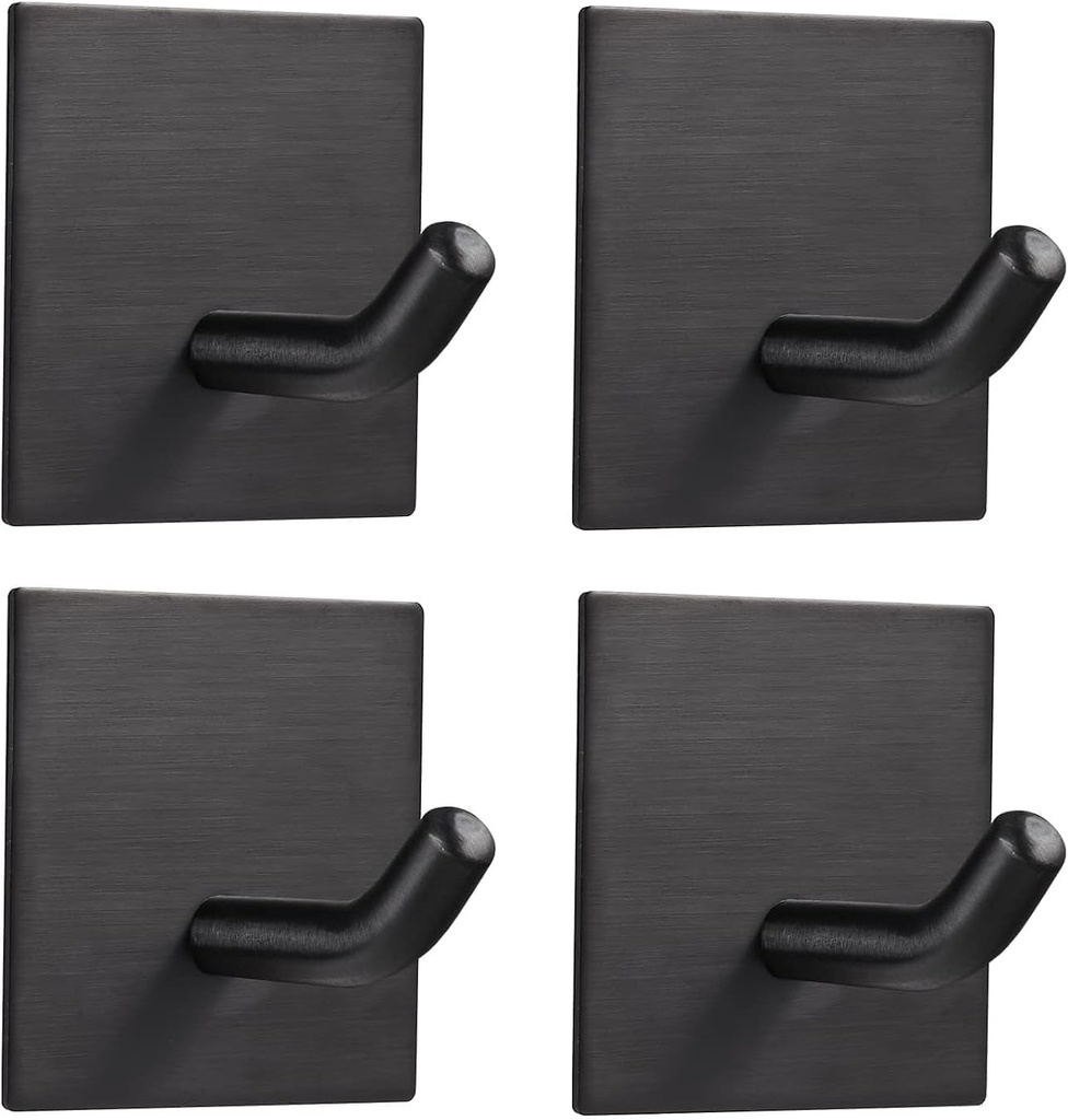 Heavy Duty Adhesive Hooks, Stick on Wall Adhesive Hangers, Strong Stainless Steel Holder, Self Adhesive Hooks for Kitchen Bathroom Home Door Towel Coat Key Robe 4 Packs Black