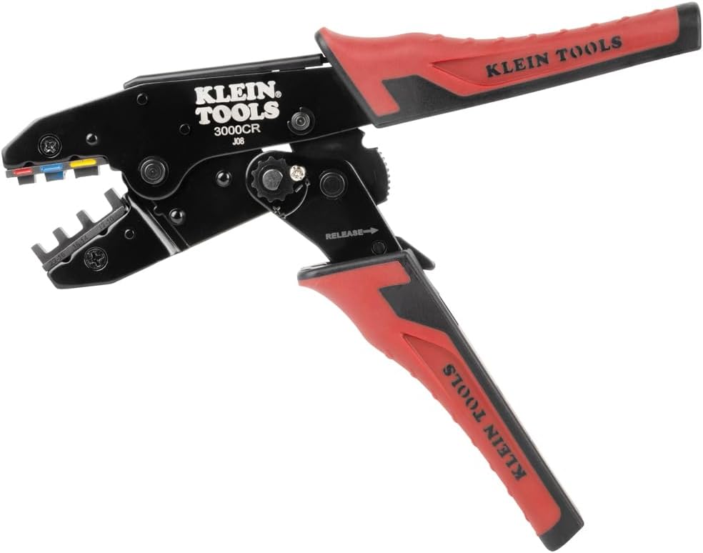 Klein Tools 3007CR Crimping Tool For Heat Shrink Connectors, Ratcheting Terminal Crimper, 10 to 22 AWG Stranded Copper Wire, Full-Cycle, 3-Cavity