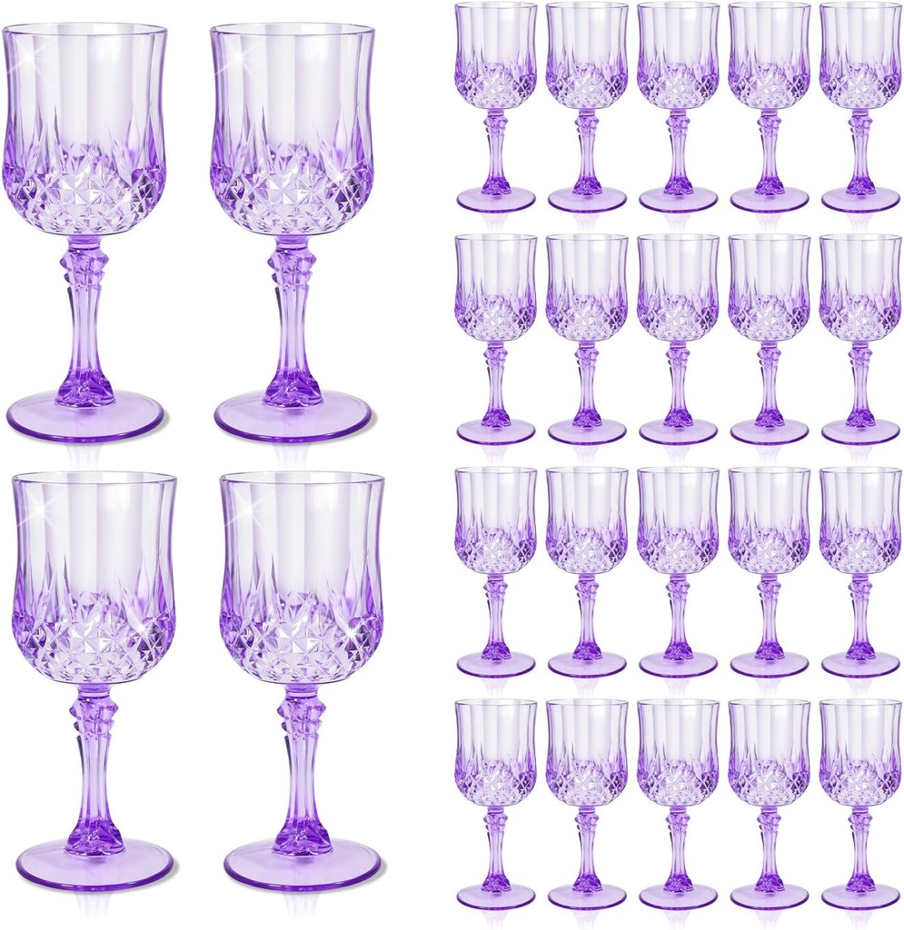 24 Pcs Plastic Purple Wine Drinking Glasses, Plastic Water Goblets Purple Vintage Reusable Drinkware Vintage Champagne glassware for Wedding Reception Grand Event Party, 7oz