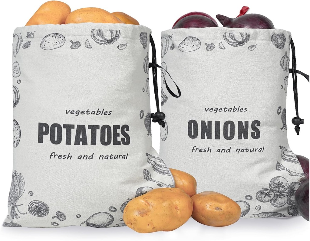 TOGETRUE Potato Onion Storage Bag, Washable Canvas Onion and Potato Storage Bag, Drawstring Garlic Onions Potatoes Keeper with Side Zipper for Pantry, Kitchen, Refrigerator (Potato Onion Bag)