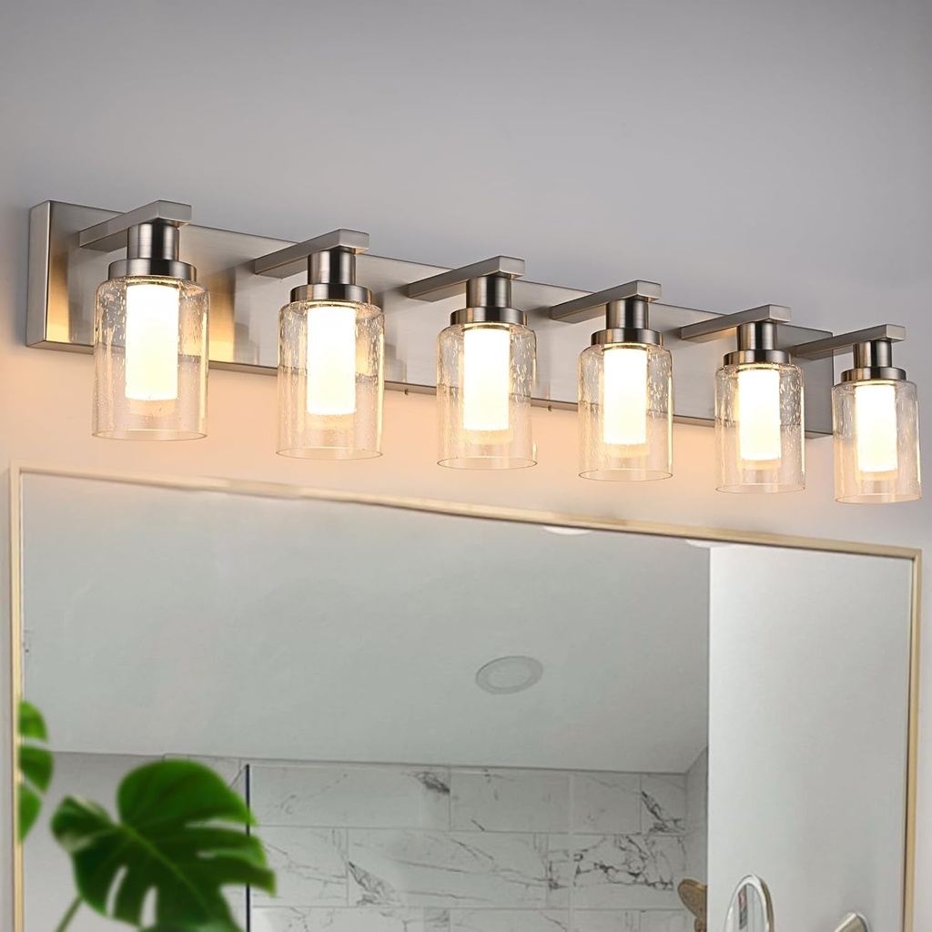 6-Light 5CCT LED Bathroom Light Fixtures, Brushed Nickel Modern Wall Mounted Lighting with Seeded Glass and Frosted Glass & Build-in LED, Wall Sconce Lamp for Over Mirror Kitchen Living Room