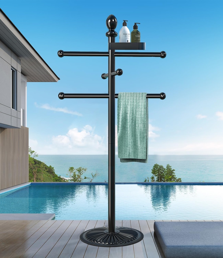 Pool Towel Rack Outdoor, 6 Bars with Top Tray Metal Heavy Duty Never Tilt Pool Accessories with Heavy Metal Base, Hot Tub Accessories Towel Dying Rack Towel Stand for Pool, Hot Tub etc