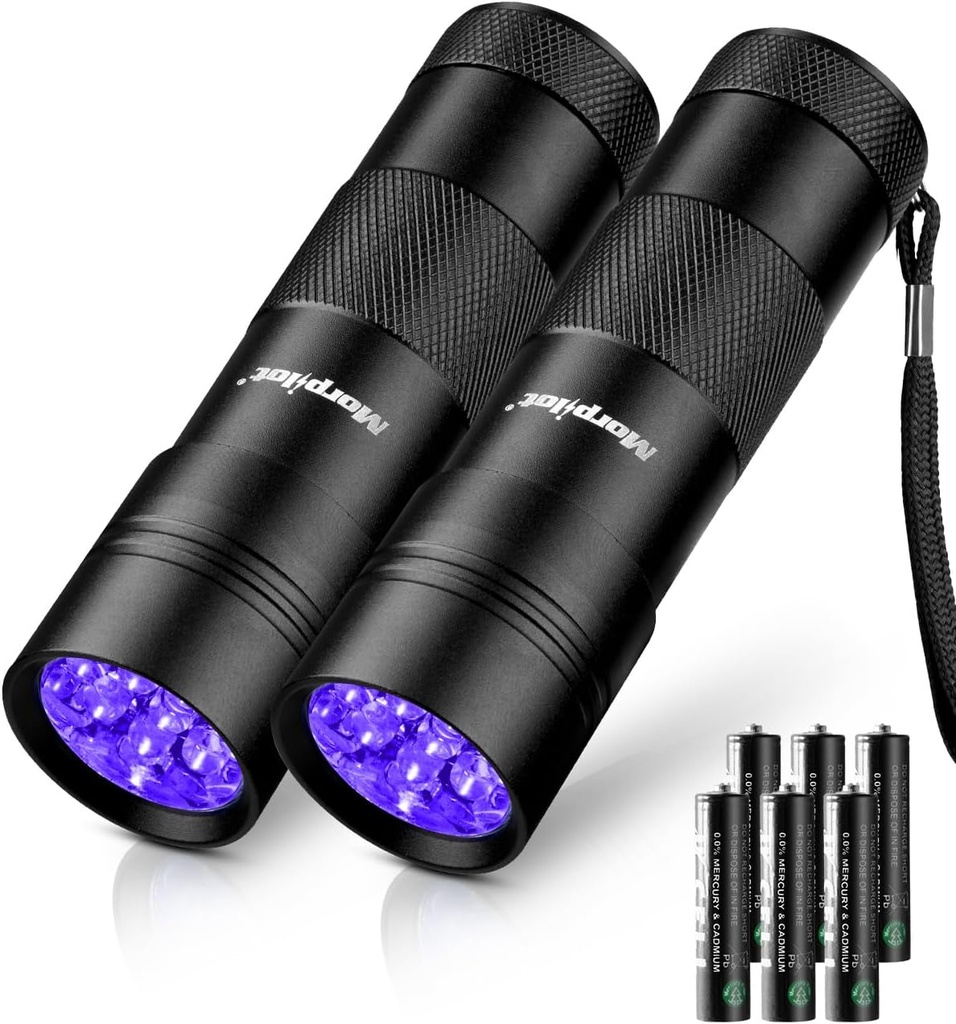 Morpilot Blacklight Flashlights uv Flashlight,12 LED 395nm Ultraviolet Blacklight 2 PCS Black Light Flashlight Mini, Torch Light Pet Urine Detector Light for Dog/Cat, Dry Stains,Resin Curing,Bed Bug