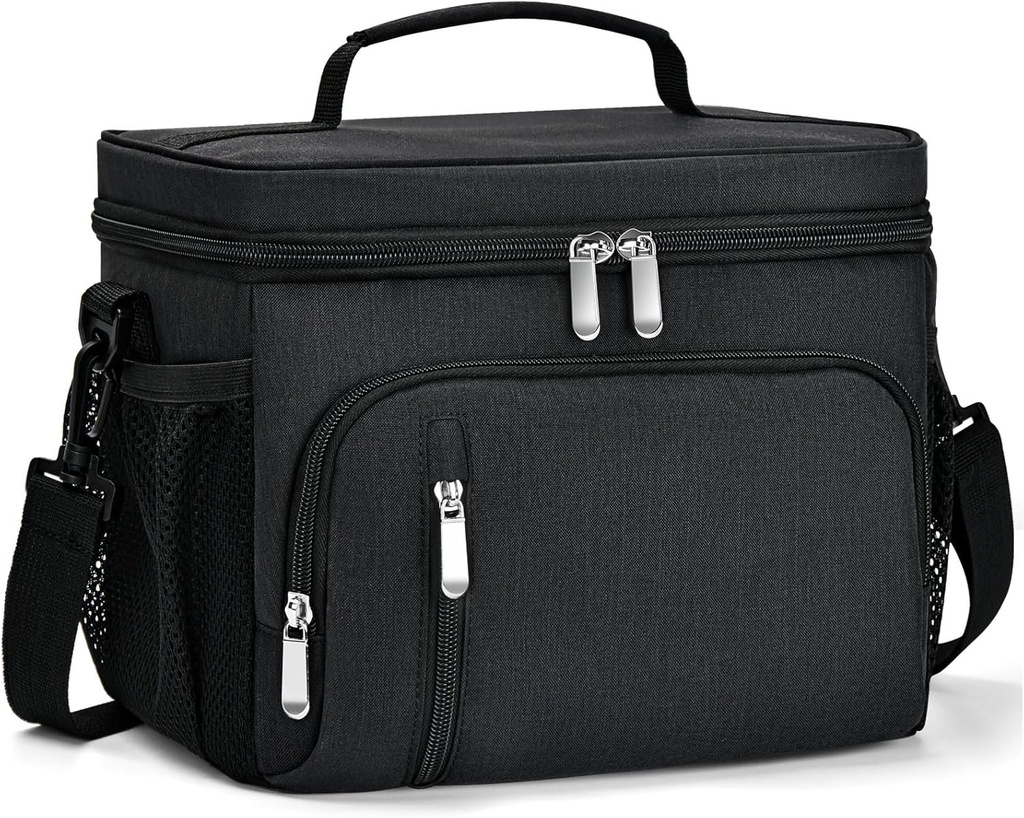 Insulated Lunch Bag for Men & Women - Leakproof Lunch Box Soft Cooler Tote, Adjustable Strap, Reusable Lunch Box for Work Office Picnic Beach Travel-Black