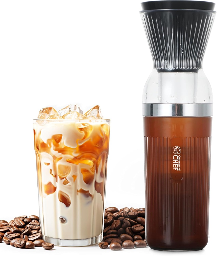 Commercial Chef Quick Cold Brew Coffee Maker, Battery Powered Coffee Maker with Fast Extraction, USB Rechargeable Portable Cold Coffee Machine Maker with 14 Oz. Jar with Lid