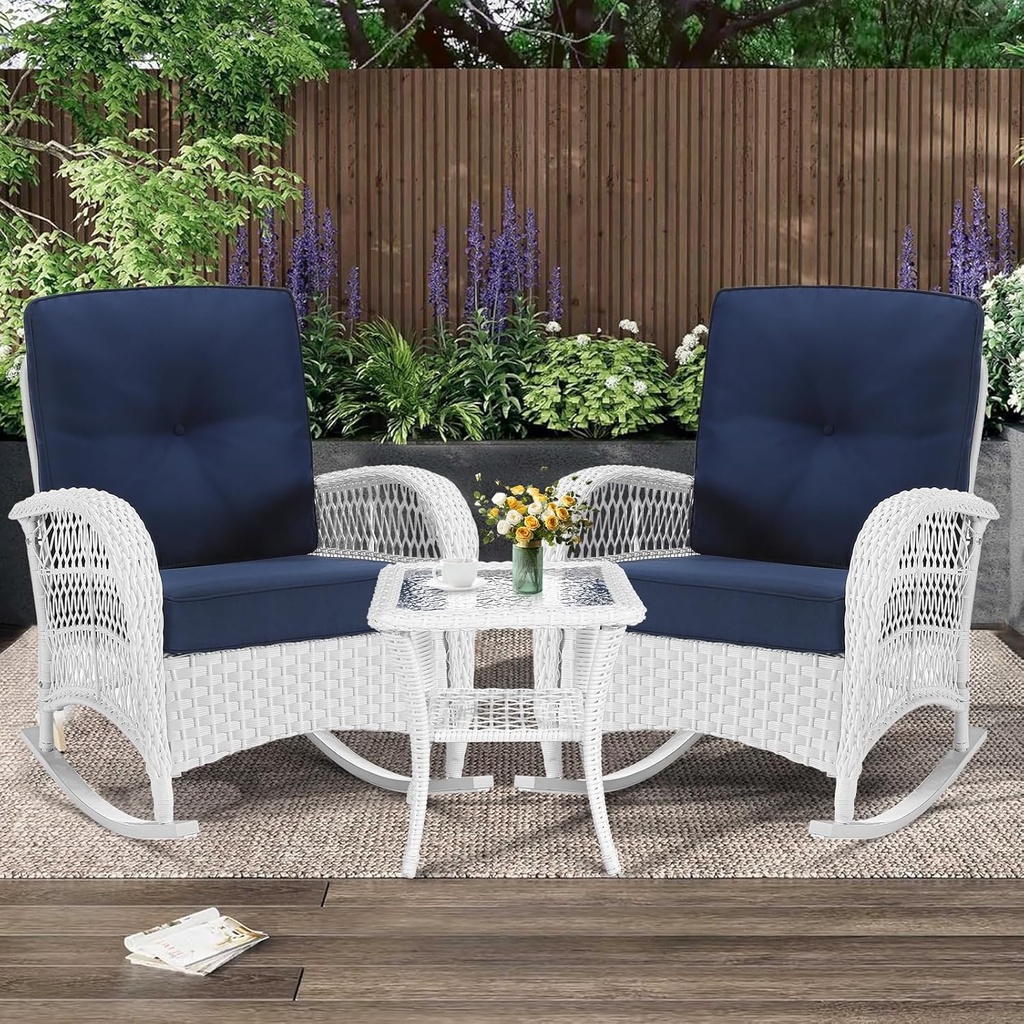 MEETWARM 3 Pieces Patio Conversation Set, Rattan Outdoor Rocking Patio Bistro Set with 2 Rockers and 1 Side Table with 4" Thick Cushions, Outdoor Furniture Set for Porch Backyard, White Wicker/Navy