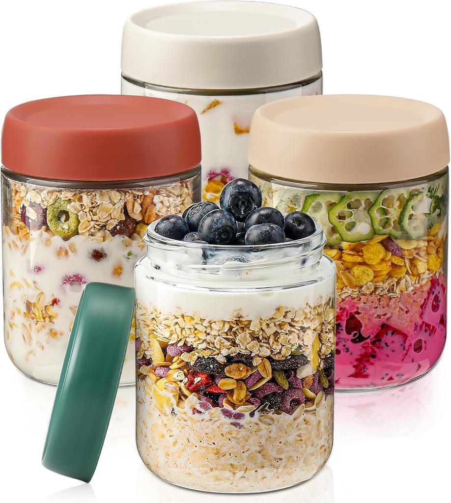 Overnight Oats Containers with Lids,16oz Overnight Oats Jars,4Pack Oatmeal Cups,Meal Prep Containers,Glass Meal Prep Containers with Lids,Glass Jar with Lid for Chia Pudding Yogurt Salad Cereal