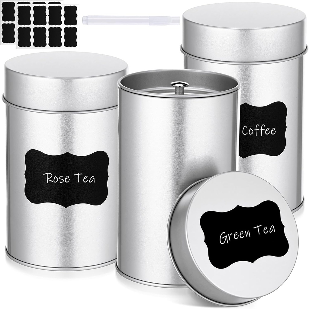 Tanlade 6 Pcs Tea Tin Canister with Airtight Lid,14 oz Tea Storage Tins with 1 Erasable Chalk Marker and 16 Stickers for Loose Leaf Coffee Sugar Metal Round Containers Can Double Sealed