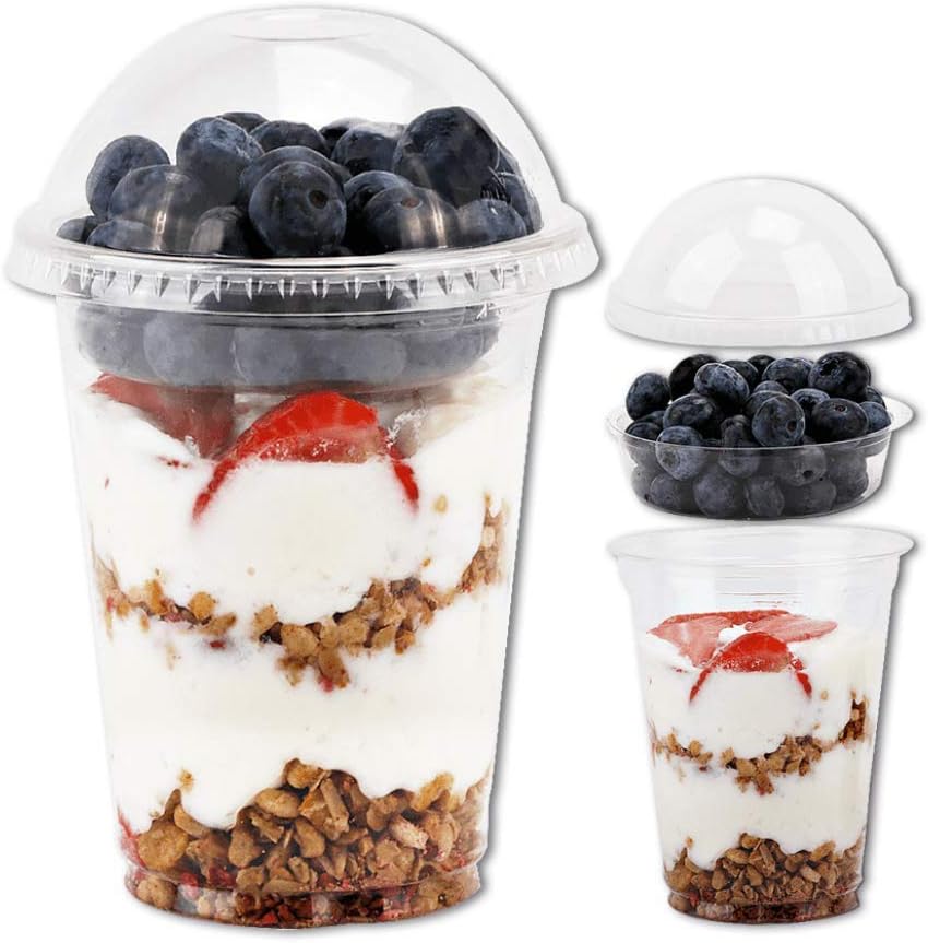 12 oz Clear Plastic Parfait Cups with Insert 3.25oz & Dome Lids No Hole - (50 Sets) Yogurt Fruit Parfait Cups for Kids, for Dips and Veggies, Take Away Breakfast and Snacks. No Leaking