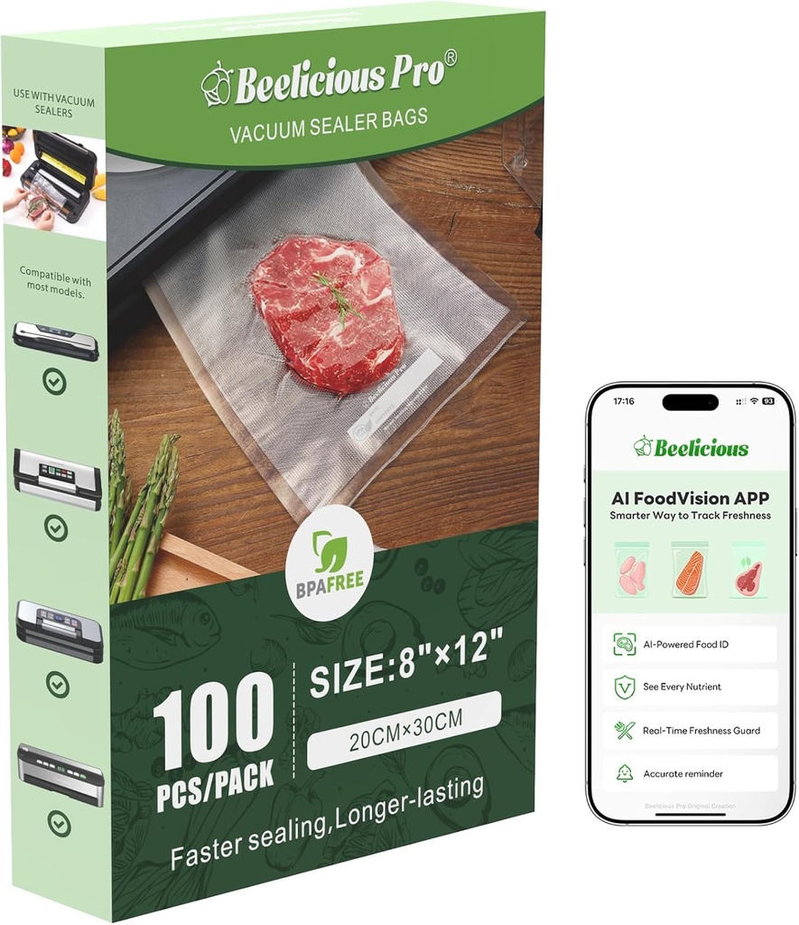 Beelicious Pro Precut Vacuum Sealer Bags for Food Storage 100 Count 8" x 12" with BPA-Free, Heavy Duty, Commercial Vacuum Seal Bags for Sous Vide & Seal a Meal