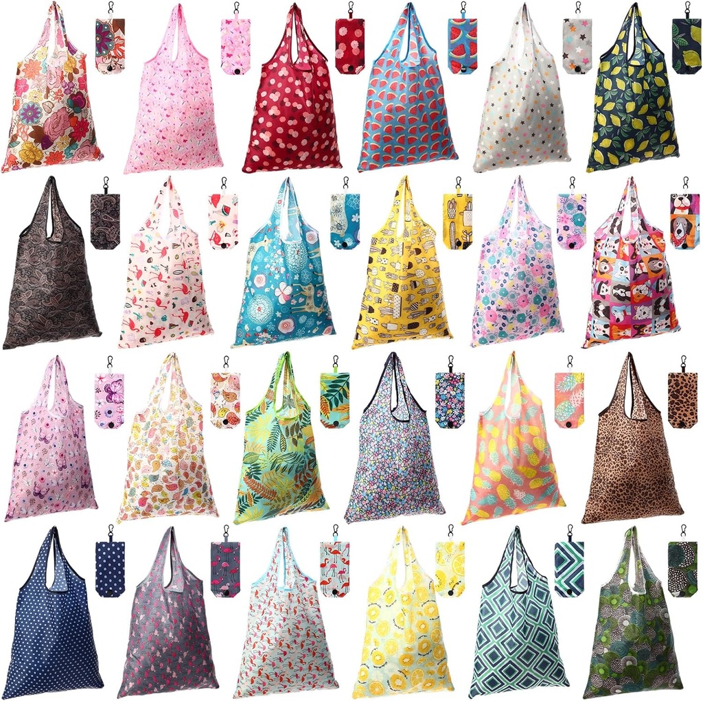 Paterr 24 Pcs Foldable Reusable Shopping Bag Recycle Travel Grocery Bag Fold to Pocket Tote Bulk for Daily Supplies Load