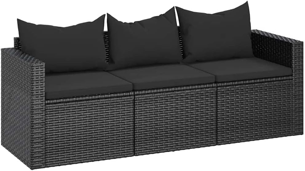 vidaXL Black 3-Seater Patio Sofa with Cushions - Poly Rattan Outdoor Furniture with Removable Padded Cushions, Durable PE Rattan, Powder-Coated Steel Frame, Lightweight and Modular Design