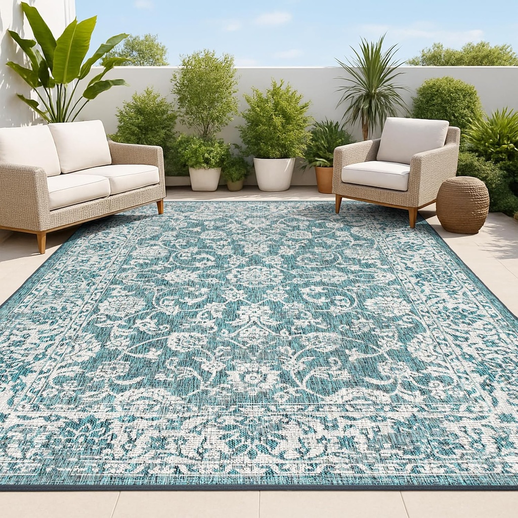 JONATHAN Y Weave Floral Indoor Outdoor Area Rug 10X14 Teal/Gray, Tela Bohemian Textured for Backyard, Patio, Porch, Easy-Cleaning, High Traffic, Pet-Friendly, Non-Shedding (SMB100C-14)
