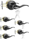 DPB 6Pcs Wave Interior Door Handle with Turn Lock, Matte Black Passage Door Lock, Heavy Bedroom and Bath Door Knobs for Right & Left Sided Doors (Lock and Key, Black, 6Pcs)