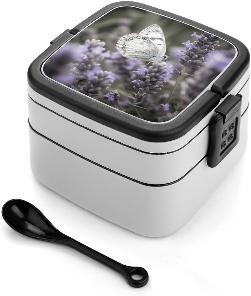 Lavender Flowers Bento Box Adult Lunch Box All-in-One Lunch Containers with Removable Compartments Double Layer Bento Lunch Box with Spoon And Handle Stackable Lunchbox