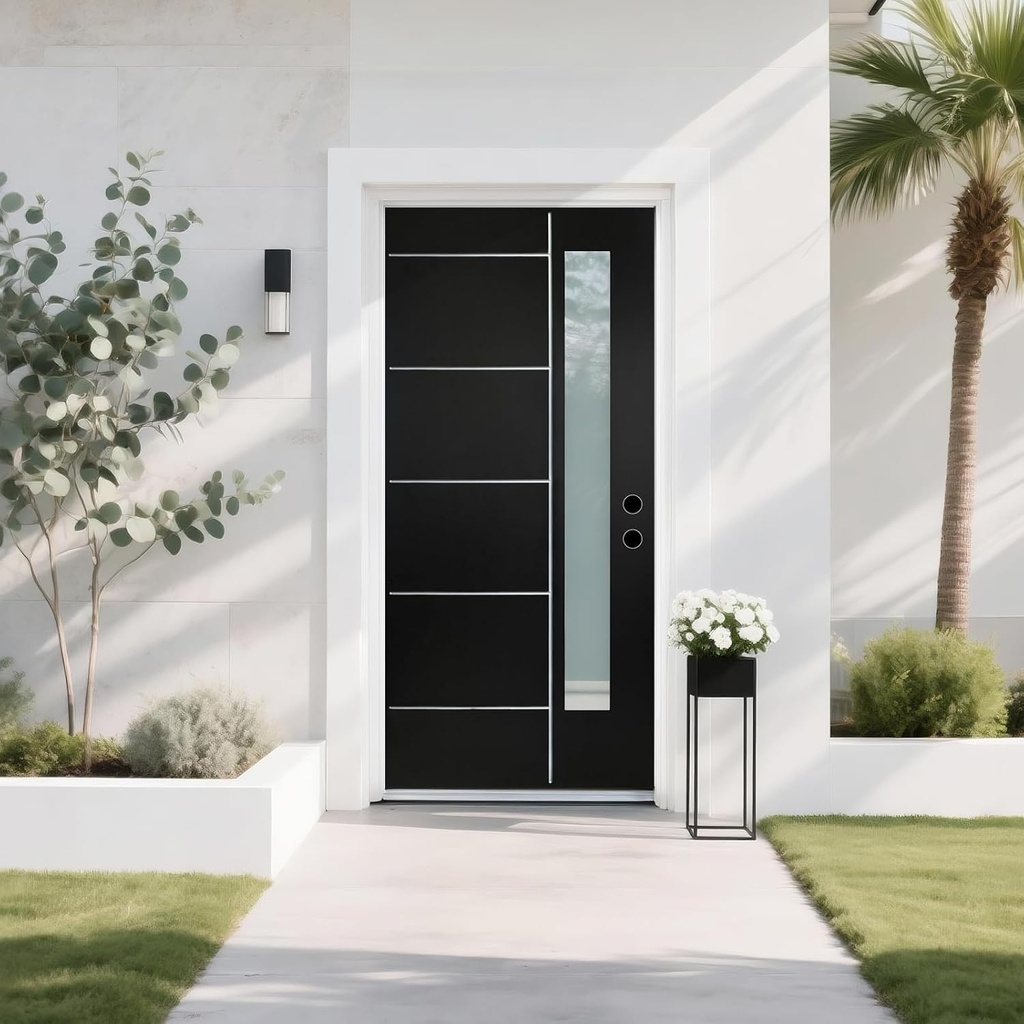 Fiberglass Front Door 36" x 80", Left-Hand Inswing, Brickmould & 4-9/16 White Vinyl Frame, Frosted Glass Black Woodgrain Brushed Surface, Knock-Down, Modern V-Groove Flush Panel Entry Door for Home