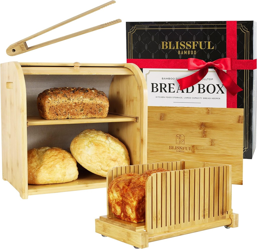Bread Box & Bread Slicer, Bread Box for Kitchen Countertop. Roll Top, Bread Tong, 2 Layer Bread Box, Double Breadbox Bread Storage, Extra Large Bread Container