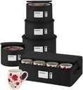 Hard Shell China Storage Containers 5-Piece Set Moving Boxes for Dinnerware, Glasses, Plates, Mugs and Saucers Sturdy Dish Organizer with Dividers for Seasonal Storage - Service for 12 - Black Quilted