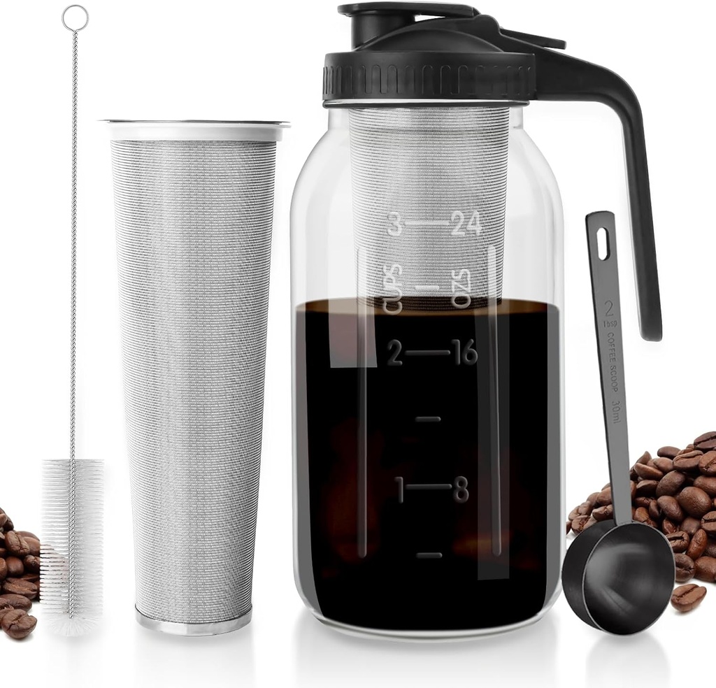 Cold Brew Coffee Maker - 64 oz Wide Mouth Mason Jar Pitcher with Stainless Steel Filter, Coffee Scoop, and Cleaning Brush -Glass Pitcher for Iced Coffee, Tea - Includes Pour Spout Handle Lid