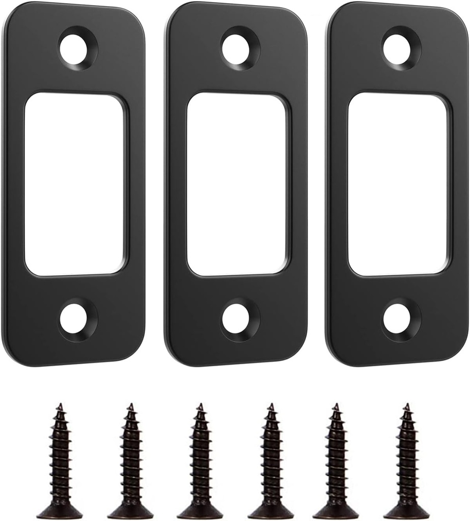 Deadbolt Strike Plate Door Backplate 1" x 2-1/4" Round Corner (Matte Black) with Screws 1-3/8" - 3 Pack