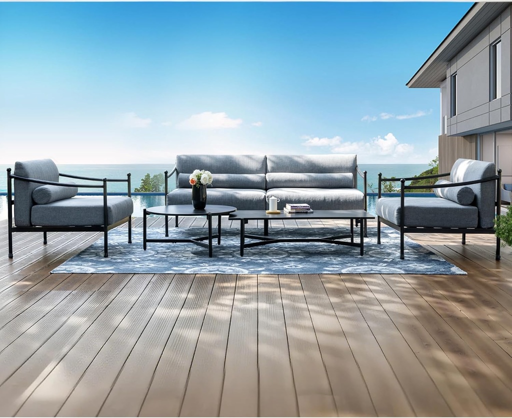 Patio Conversation Set,5 Pcs Metal Outdoor Furniture Set with Aluminum Armrest,3-Seater Sofa,2 Fixed Chairs,Metal Nested Table and 7.1" Extra Thick Cushion,Grey