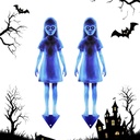 Scary Girl Ghost Courtyard Decoration for Halloween Outdoor, 2PCS Spooky Halloween Ghost Twins Yard Signs with Stakes, 16" Waterproof Iron Creepy Twins Lawn Signs Ground Stakes for Home Outside Decor