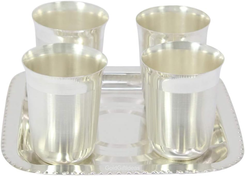 Four Silver Plated Juli Mat Glass Set with Tray, Silver Plated Glass Gift Items, Return Gift, Glass Tray Serving Set, Glass Set for Water, Set of 4 by Indian Collectible