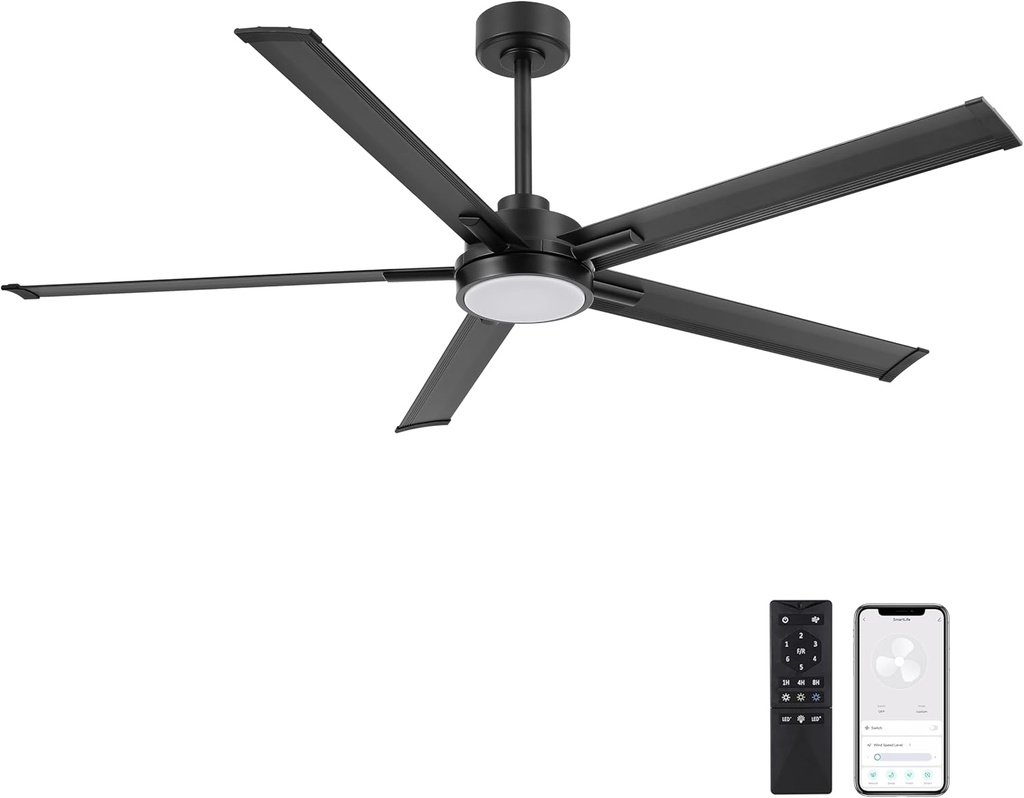 ELEHINSER 60" Smart Ceiling Fan with Light, Remote/APP Control, Dimmable LED Lights, 6-Speed DC Motor, 5 Aluminum Blades Industrial Ceiling Fans Compatible with Alexa, Google Assistant Black