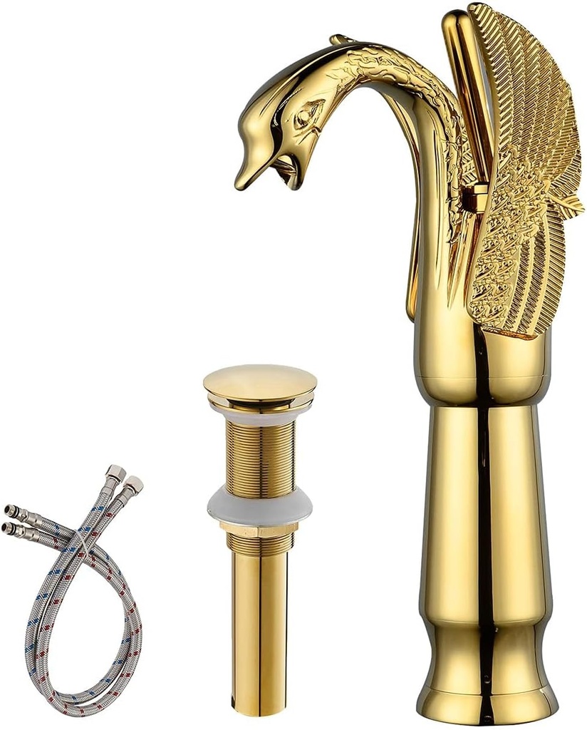 Vessel Sink Bathroom Faucet Gold Swan Single Hole Single Handle with Pop Up Drain Without Overflow Aerator Spout Bowl Faucets Tall Body Supply Line