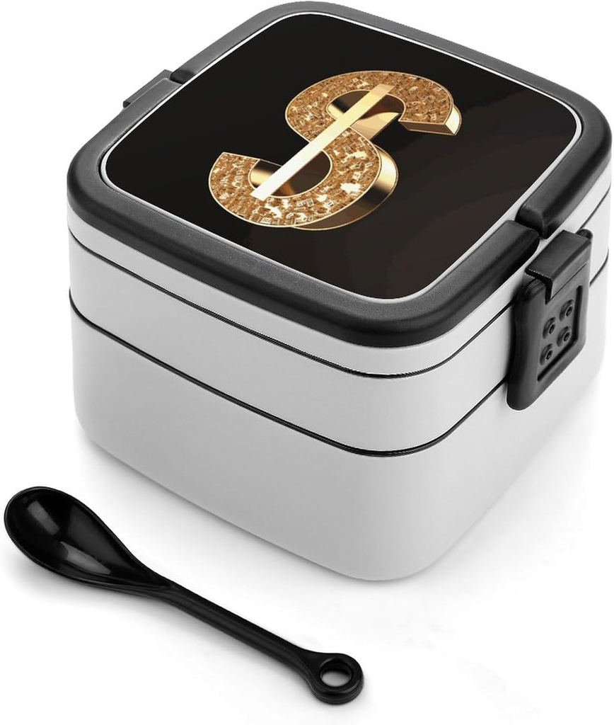 Gold Dollar Sign Bento Box Double-Layer Bento Lunch Container with Spoon And Invisible Handle Adult Leak-Proof Lunchbox for Dining Out Work Picnics Travel