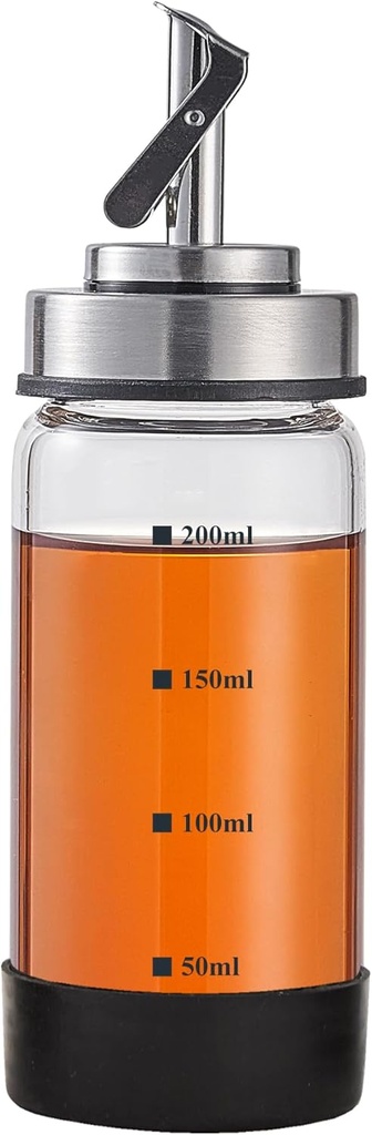Verdental 7 oz Small Glass Oil Dispenser Bottle for Kitchen Stainless Steel Cruet Pourer Spout for Olive Oil Vinegar Coffee Syrup Soy Sauce Other Liquids with Non-slip Silicone Ring and Labels (200ml)