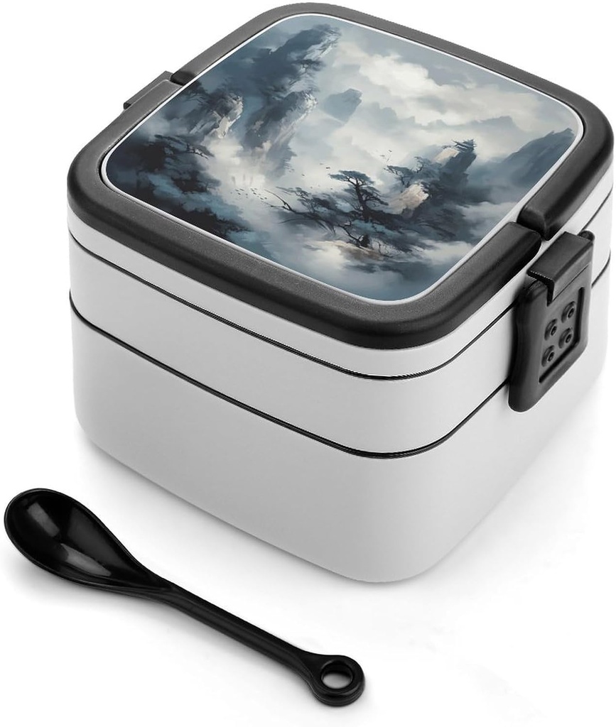 Bento Lunch Box for Women Lunch Containers for Adults Traditional Landscape Style Double Layered Lunchbox Large Capacity Bento Box with Cutlery for Work Picnic Camping Travel