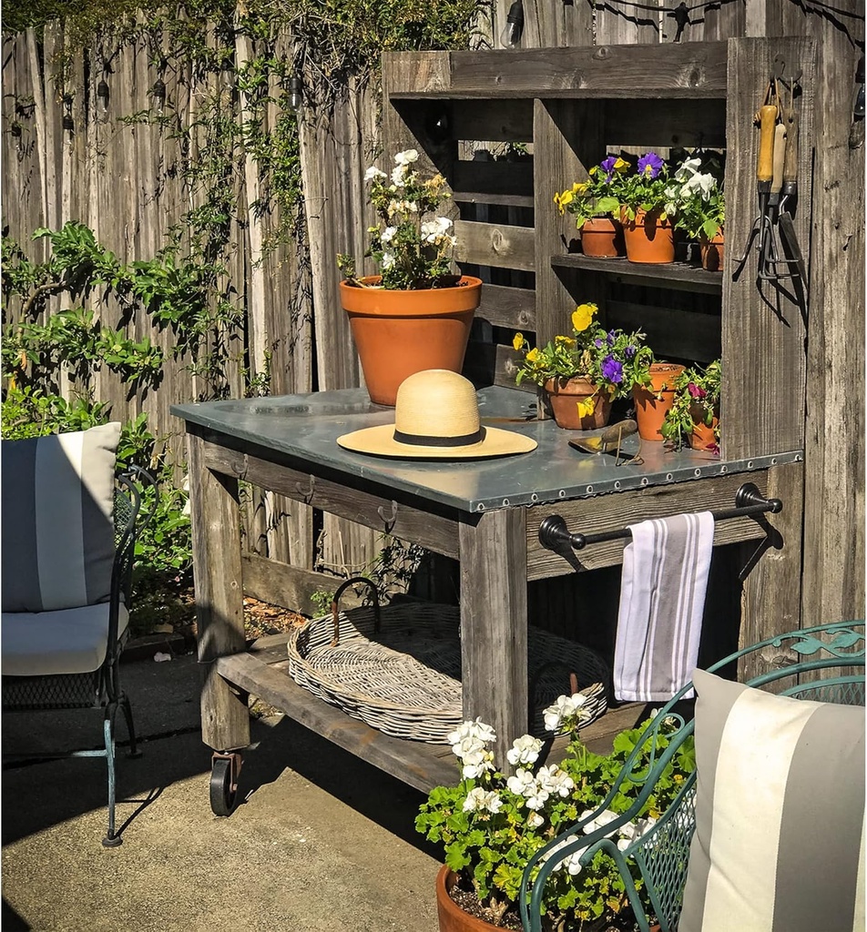 Potting Table Buffet Island Workbench Outdoor Patio Garden Furniture 5in Galvanized Steel Cast Iron Castors & Brakes